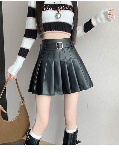 Black Mini A-Line Skirt - Faux Leather High Waist Pleated