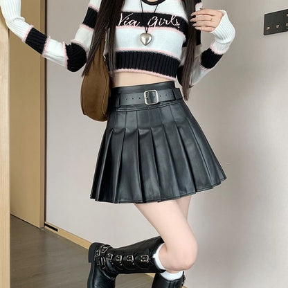 Black Mini A-Line Skirt - Faux Leather High Waist Pleated