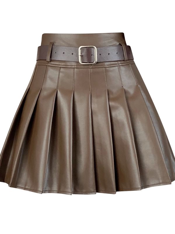 Black Mini A-Line Skirt - Faux Leather High Waist Pleated