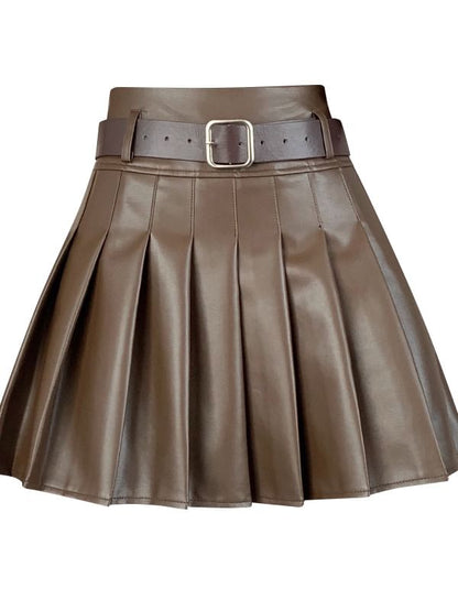 Black Mini A-Line Skirt - Faux Leather High Waist Pleated