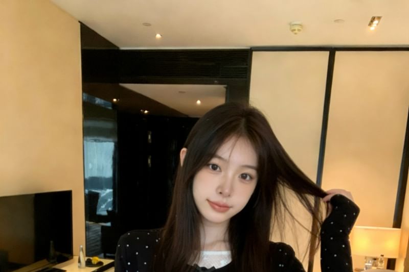 Black Dotted Long-Sleeve Crew Neck Two-Piece Set - Altfashion Shop