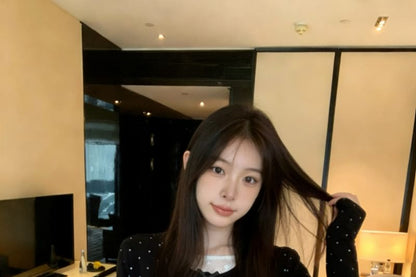 Black Dotted Long-Sleeve Crew Neck Two-Piece Set - Altfashion Shop