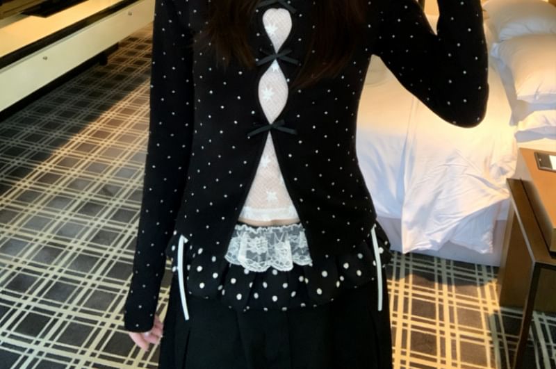 Black Dotted Long-Sleeve Crew Neck Two-Piece Set - Altfashion Shop