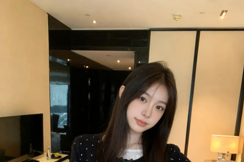 Black Dotted Long-Sleeve Crew Neck Two-Piece Set - Altfashion Shop