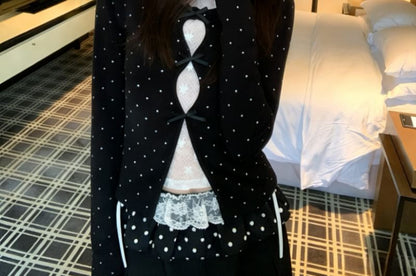 Black Dotted Long-Sleeve Crew Neck Two-Piece Set - Altfashion Shop