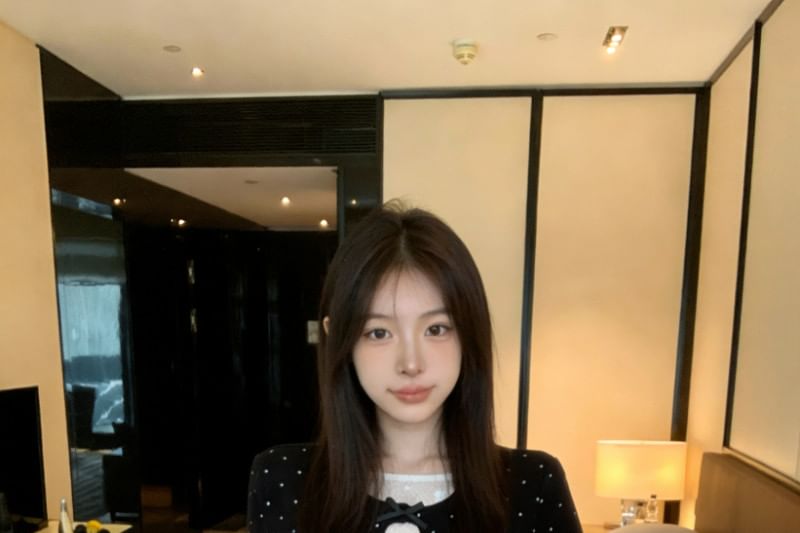Black Dotted Long-Sleeve Crew Neck Two-Piece Set - Altfashion Shop