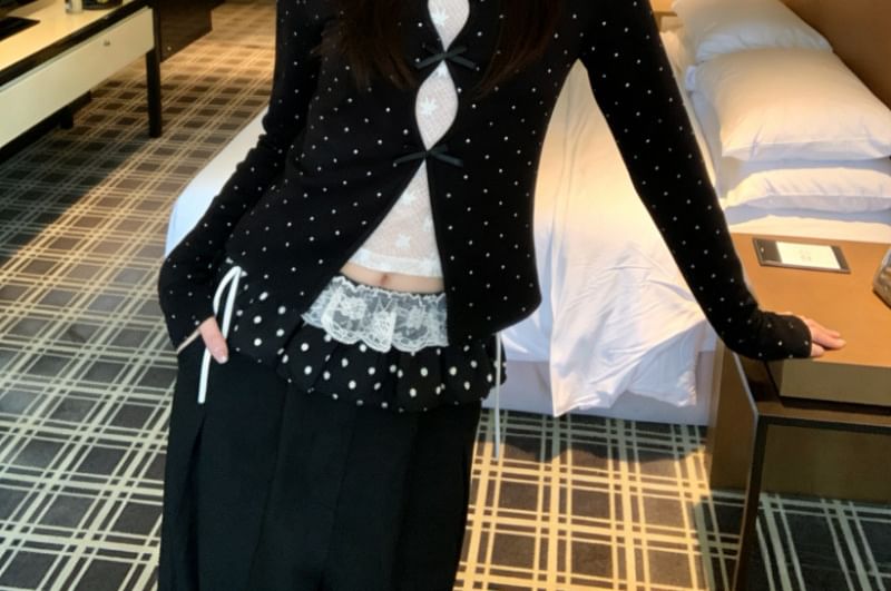 Black Dotted Long-Sleeve Crew Neck Two-Piece Set - Altfashion Shop