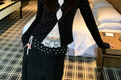 Black Dotted Long-Sleeve Crew Neck Two-Piece Set - Altfashion Shop