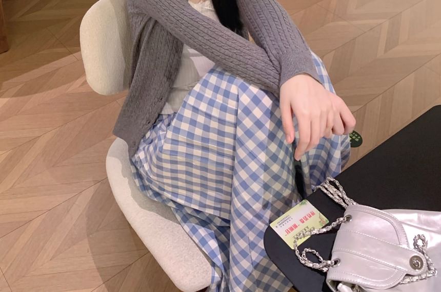 Beige Crew Neck Cable Knit Cardigan - Altfashion Shop