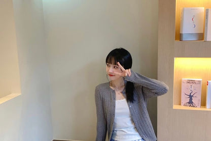 Beige Crew Neck Cable Knit Cardigan - Altfashion Shop
