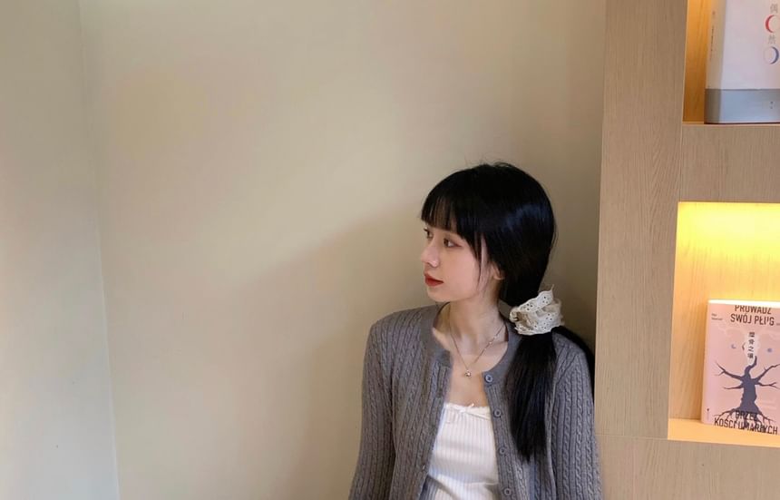 Beige Crew Neck Cable Knit Cardigan - Altfashion Shop