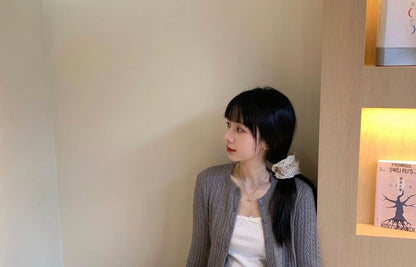 Beige Crew Neck Cable Knit Cardigan - Altfashion Shop