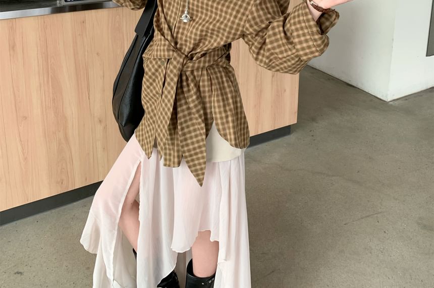 Crimson Plaid Shirt and Midi Skirt Set - Altfashion Shop