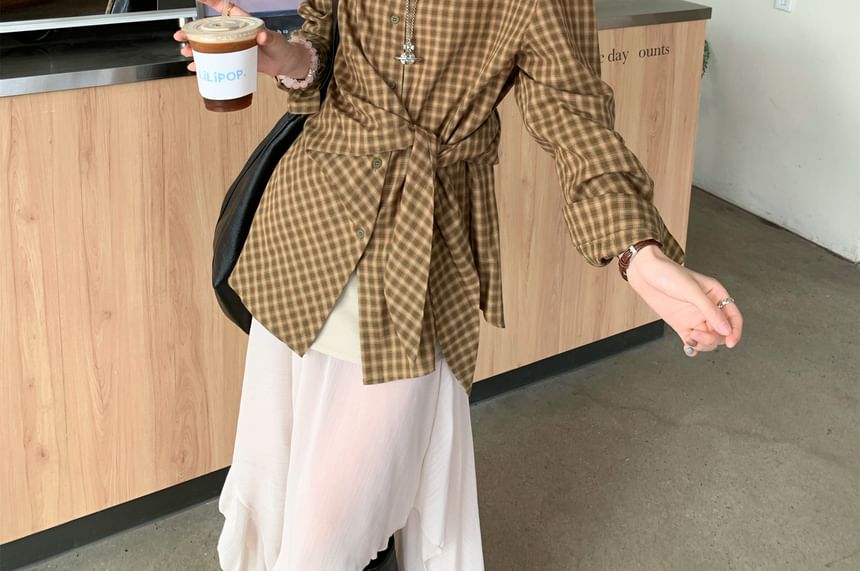 Crimson Plaid Shirt and Midi Skirt Set - Altfashion Shop