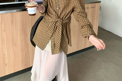 Crimson Plaid Shirt and Midi Skirt Set - Altfashion Shop