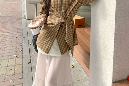 Crimson Plaid Shirt and Midi Skirt Set - Altfashion Shop