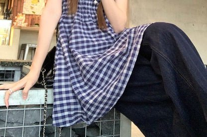 Black Cropped Tee and Plaid Midi Skirt Set - Altfashion Shop