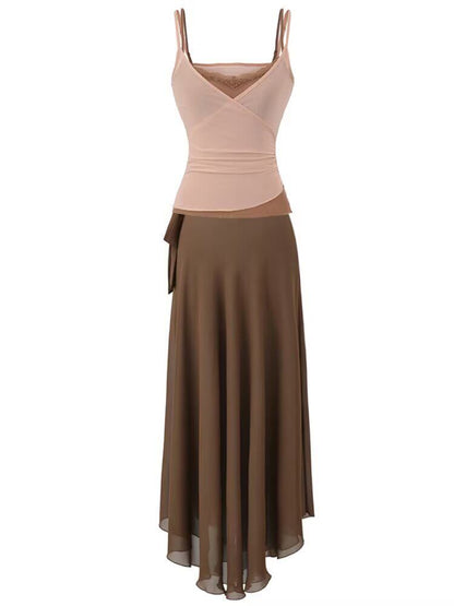 Black Lace Camisole Top and High Waist A-Line Skirt Set - Altfashion Shop