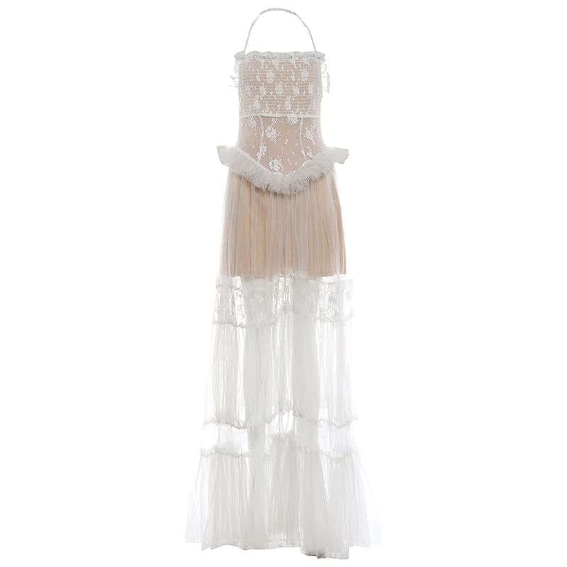 Spaghetti Strap Lace Ruffled-Trim Sheer Maxi A-Line Dress