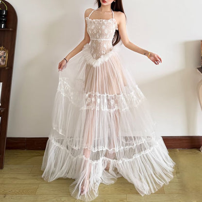 Spaghetti Strap Lace Ruffled-Trim Sheer Maxi A-Line Dress
