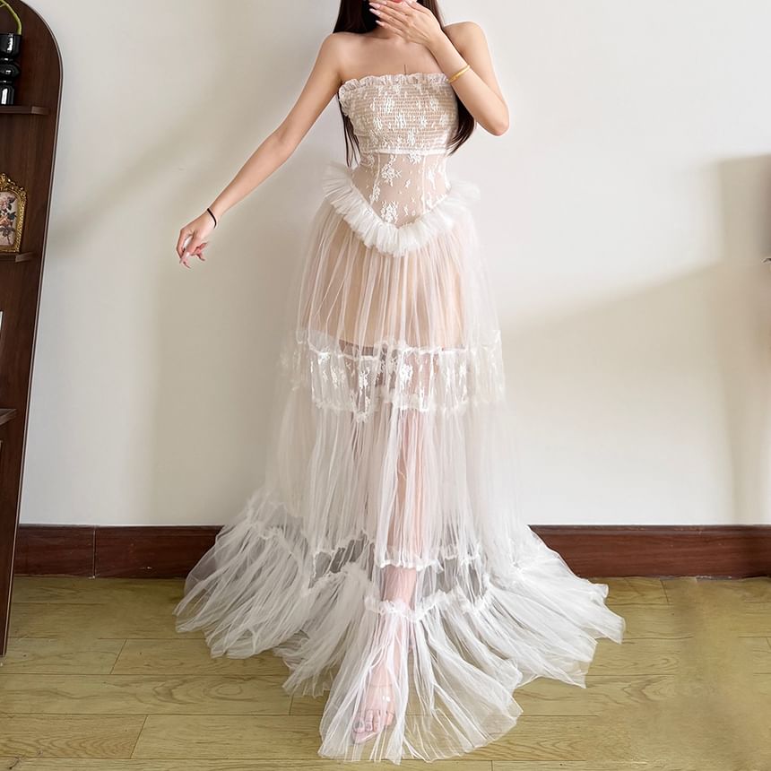 Spaghetti Strap Lace Ruffled-Trim Sheer Maxi A-Line Dress