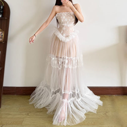 Spaghetti Strap Lace Ruffled-Trim Sheer Maxi A-Line Dress
