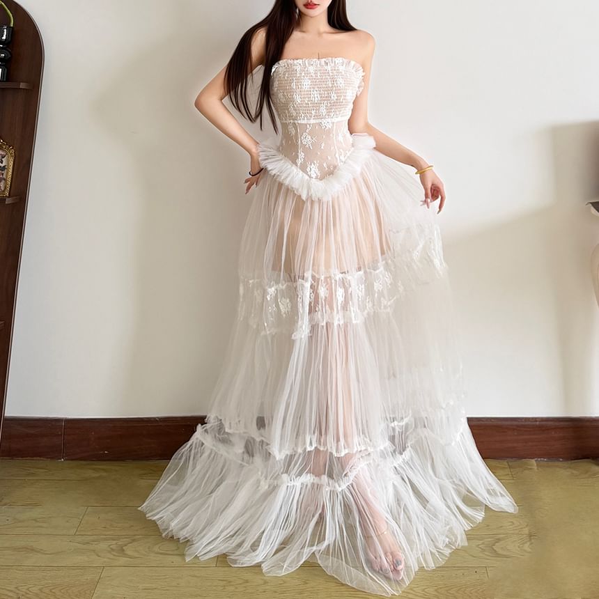 Spaghetti Strap Lace Ruffled-Trim Sheer Maxi A-Line Dress