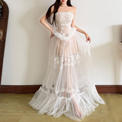 Spaghetti Strap Lace Ruffled-Trim Sheer Maxi A-Line Dress
