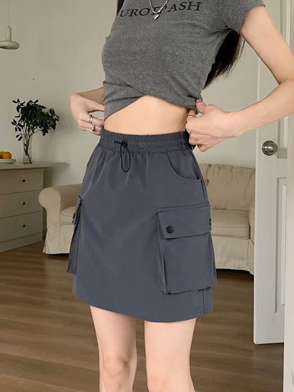 Black Mini A-Line Skirt Stretchy Casual - Altfashion Shop
