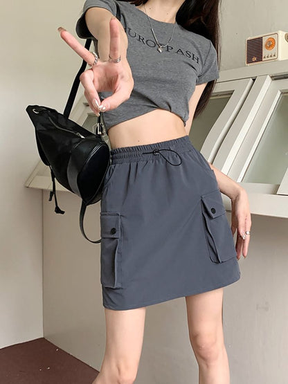 Black Mini A-Line Skirt Stretchy Casual - Altfashion Shop