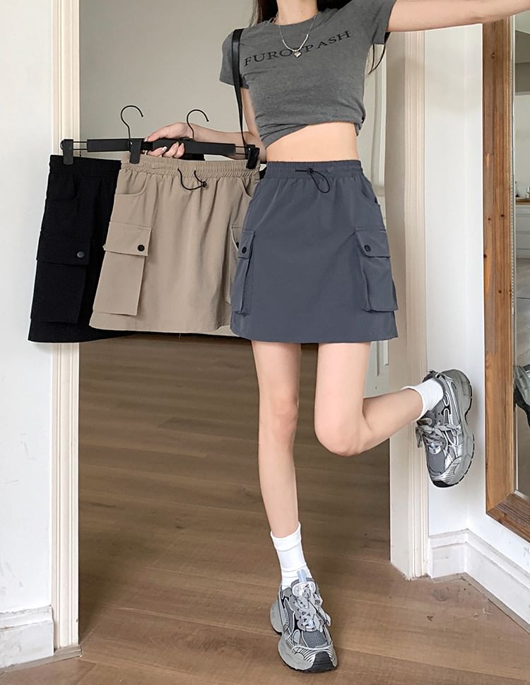 Black Mini A-Line Skirt Stretchy Casual - Altfashion Shop