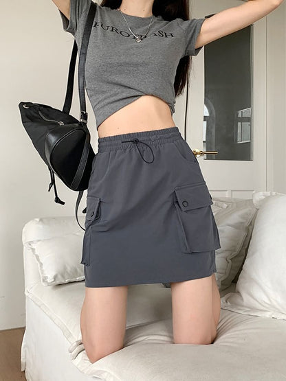 Black Mini A-Line Skirt Stretchy Casual - Altfashion Shop