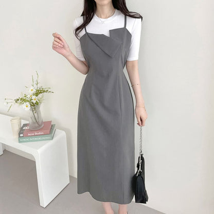 Spaghetti Strap Asymmetrical Plain Midi Sheath Dress