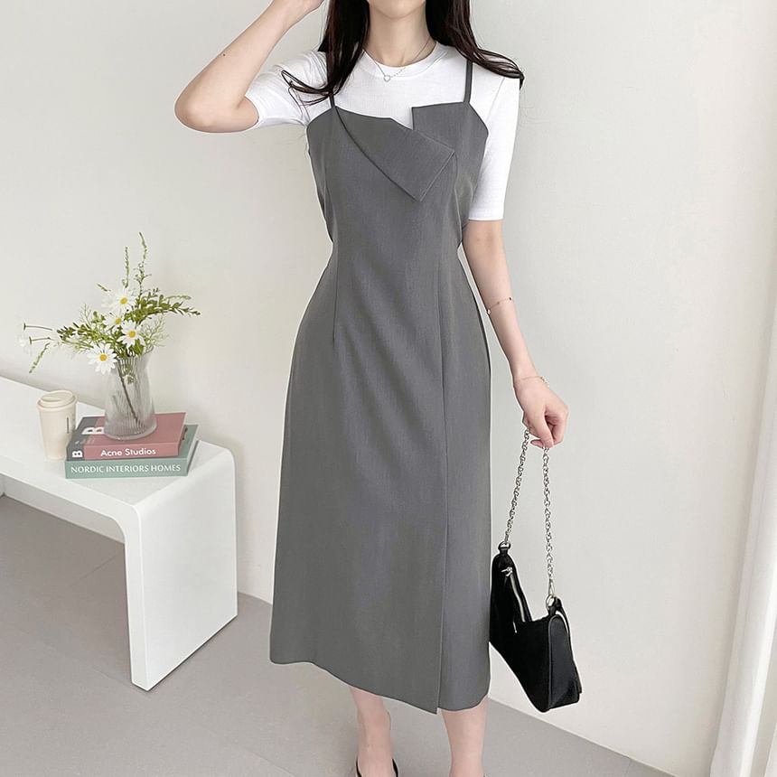 Spaghetti Strap Asymmetrical Plain Midi Sheath Dress