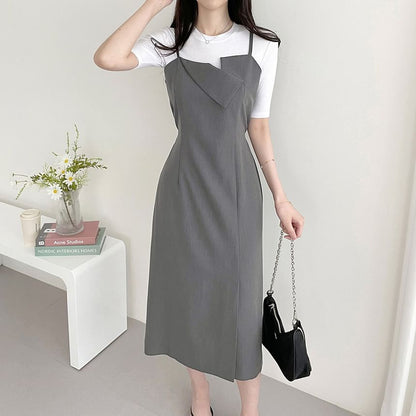 Spaghetti Strap Asymmetrical Plain Midi Sheath Dress