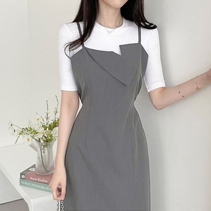 Spaghetti Strap Asymmetrical Plain Midi Sheath Dress