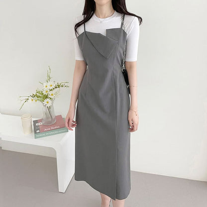 Spaghetti Strap Asymmetrical Plain Midi Sheath Dress