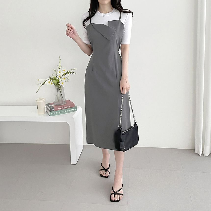 Spaghetti Strap Asymmetrical Plain Midi Sheath Dress