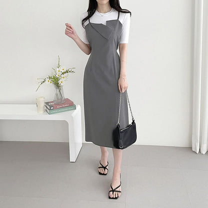 Spaghetti Strap Asymmetrical Plain Midi Sheath Dress