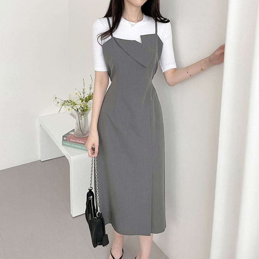 Spaghetti Strap Asymmetrical Plain Midi Sheath Dress