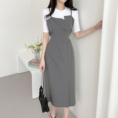 Spaghetti Strap Asymmetrical Plain Midi Sheath Dress