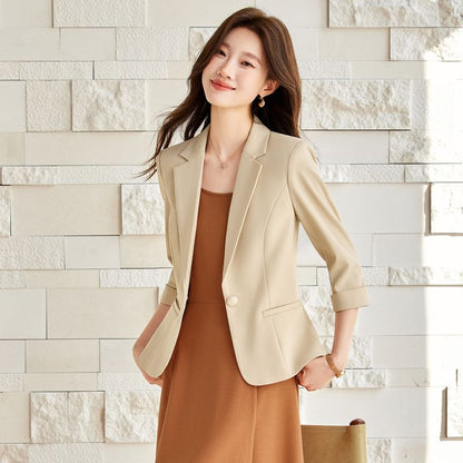 Set: 3/4 Sleeve Notch Lapel Plain Single Breasted Blazer + Spaghetti Strap Plain Midi A-Line Dress