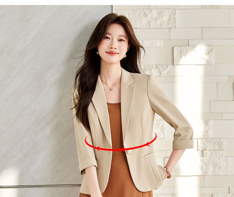 Set: 3/4 Sleeve Notch Lapel Plain Single Breasted Blazer + Spaghetti Strap Plain Midi A-Line Dress
