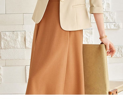 Set: 3/4 Sleeve Notch Lapel Plain Single Breasted Blazer + Spaghetti Strap Plain Midi A-Line Dress