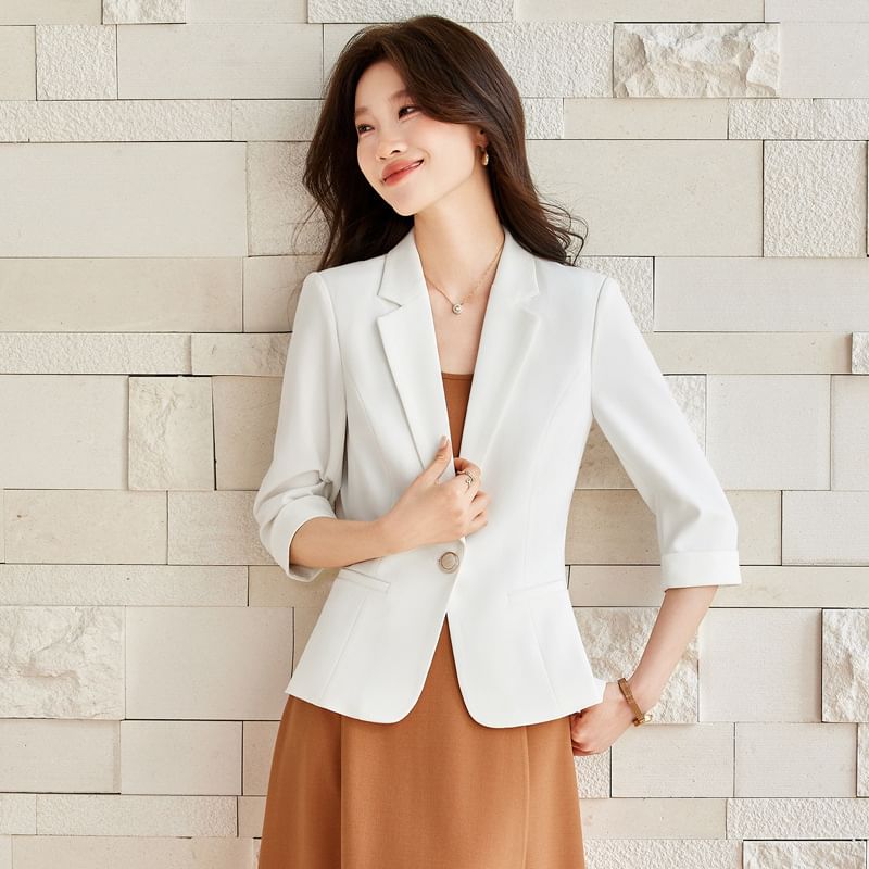 Set: 3/4 Sleeve Notch Lapel Plain Single Breasted Blazer + Spaghetti Strap Plain Midi A-Line Dress