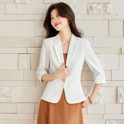 Set: 3/4 Sleeve Notch Lapel Plain Single Breasted Blazer + Spaghetti Strap Plain Midi A-Line Dress