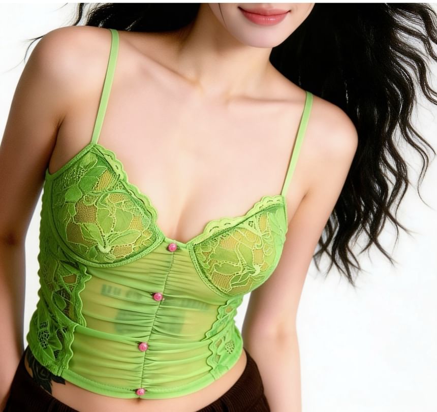 Sheer Cropped Camisole with Lace Trim and Solid Design