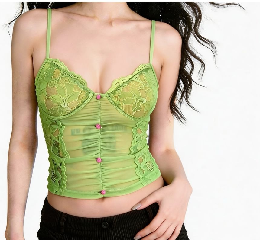 Sheer Cropped Camisole with Lace Trim and Solid Design