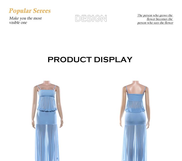 Spaghetti Strap Plain Shirred Maxi A-Line Mesh Dress