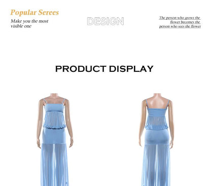 Spaghetti Strap Plain Shirred Maxi A-Line Mesh Dress